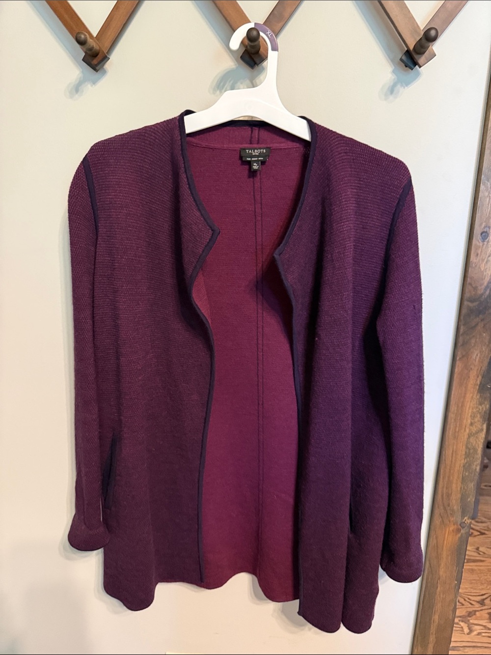 Talbots Two-Tone Plum Petite medium Open Cardigan Merino Wool